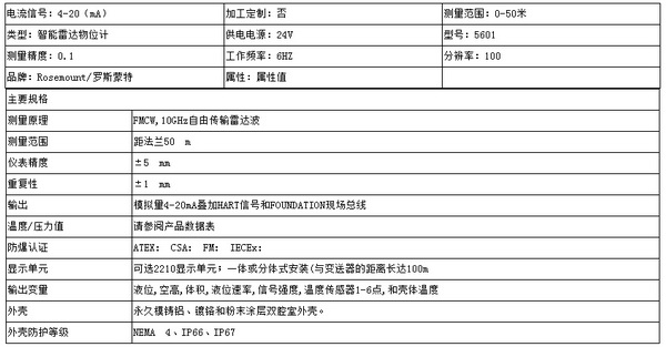 羅斯蒙特雷達5600系列雷達液位變送器技術參數